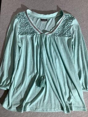 Joe Boxer Blue Embroidered Peasant Top with 3/4 Sleeves